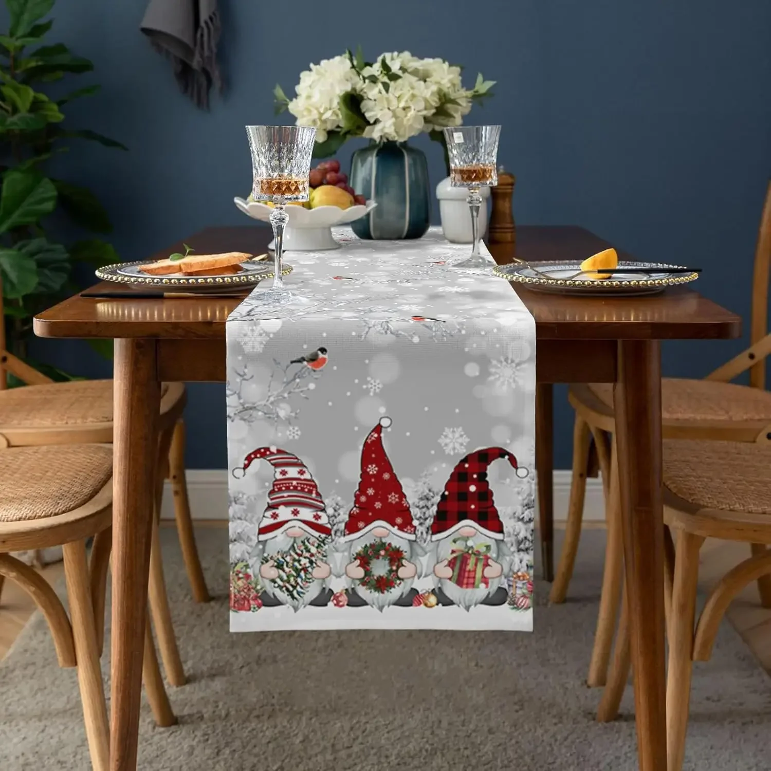 Christmas Gnome Snowflake Branch Bird Linen Table Runner Dresser Scarves Winter Xmas Kitchen Table Runner Christmas Decorations