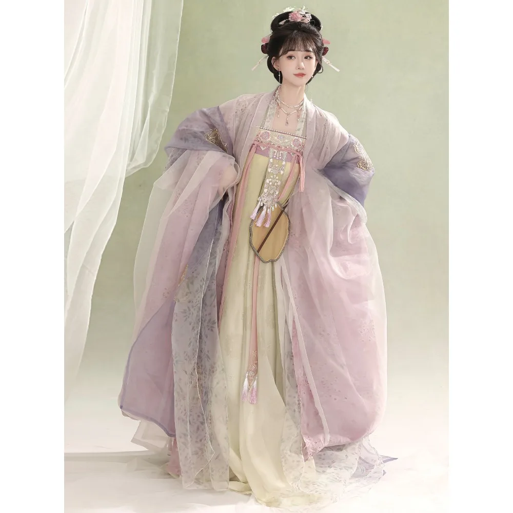 

Женский комплект Ханьфу в стиле династии Тан: юбка-миди с восемью оборками, в стиле феи, с богатой отделкой, для повседневной носки весной и летом, в старинном стиле.