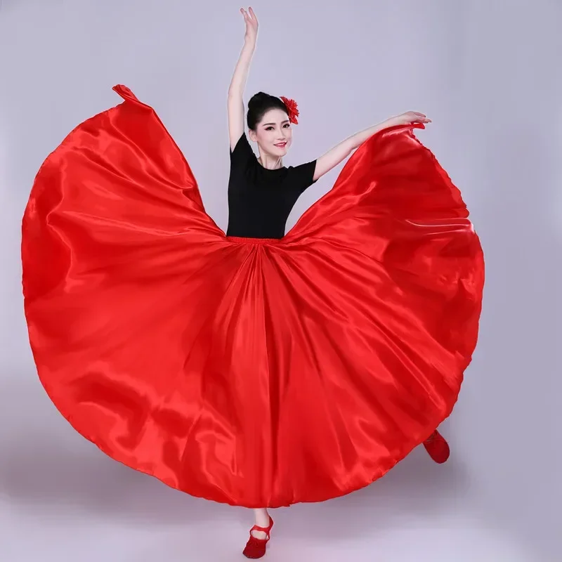 Shining Satin Long Flamenco Spanish Skirt Swing Dancing Skirt Belly Dance Skirt Gypsy Dancer Practice Wear Sun Skirt Muti Colors