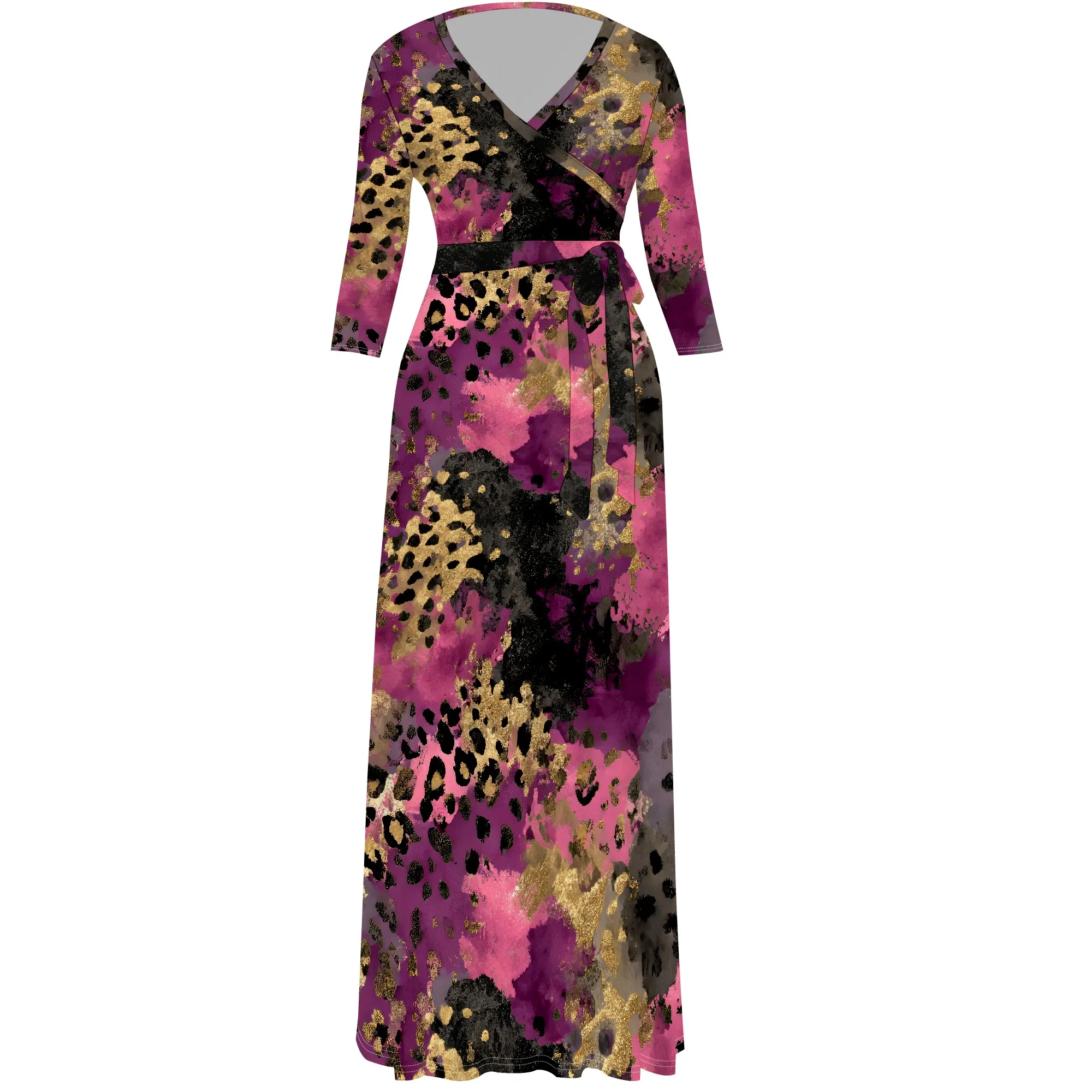 ชุดเดรสฤดูร้อนสบายๆสําหรับผู้หญิง Maxi 3/4 Sleeve เซ็กซี่ลึก V คอ Bodycon Wrap Flowly Beach ชุดวันหยุดกับเข็มขัด