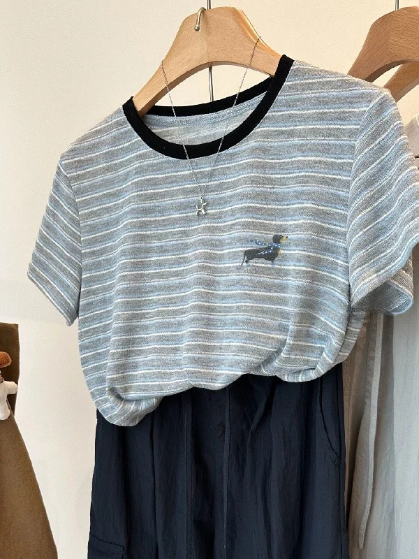 

plus Size Women's T-Shirt Summer Loose Base Layer Top Short Sleeve Printed Grey Blue Stripes Casual Style Polyester Fiber