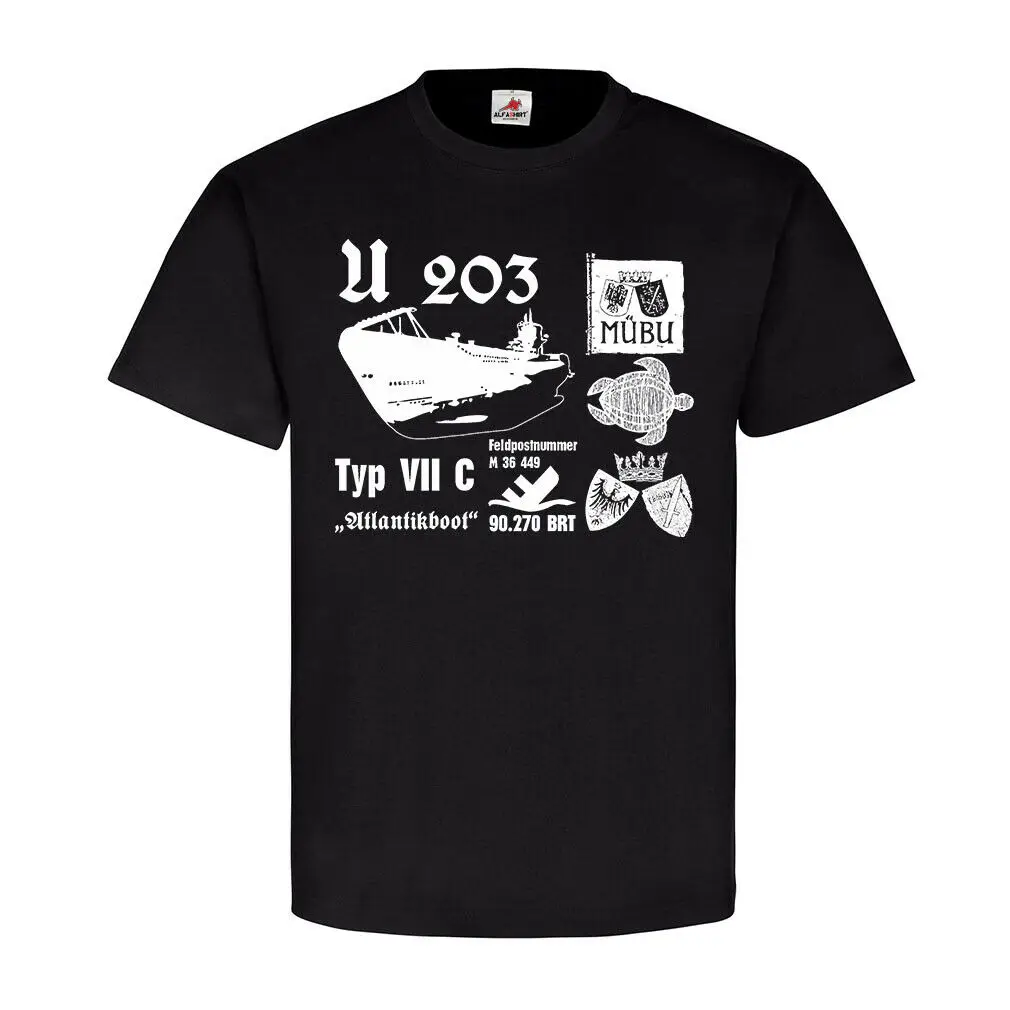 

U203 U-Boat Tower Crest Badge. WWII German Marine Submarine T-Shirt. Summer Cotton Short Sleeve O-Neck Mens T Shirt New S-3XL