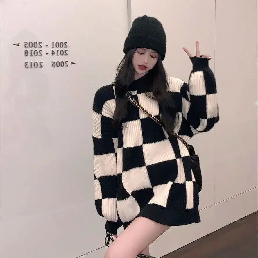 Ladies Sweaters Long Round O Neck Knitted Top for Women Plaid Pullovers Cold Winter New in 2024 Korean Fashion Clothes Tall Tops