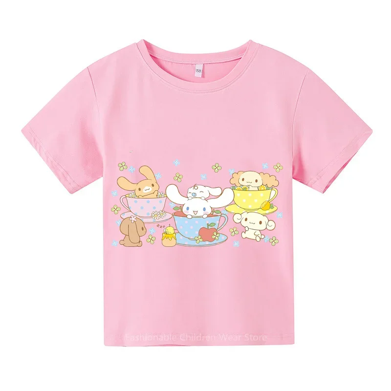 

Summer Fun with Cinnamoroll T-shirt Cute Cartoon Print Casual Short Sleeve Tops for Boys Girls Cotton Fashion Kids Wear