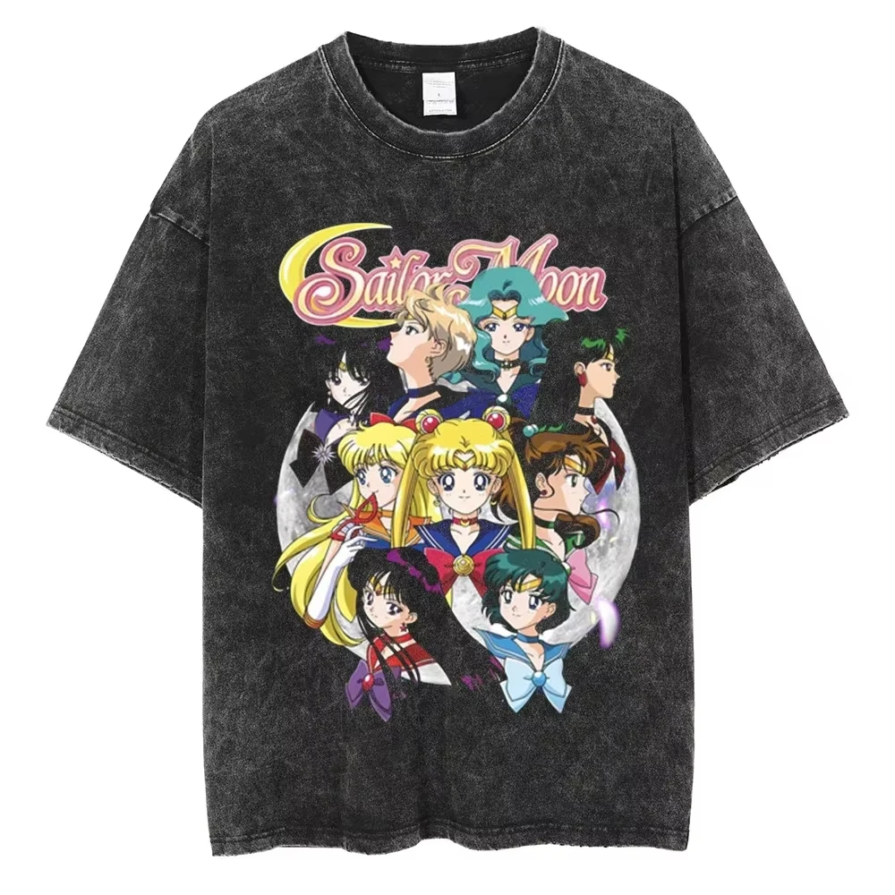 2026 New Sailor Moon Anime Quality T-Shirt Men and Women Cotton Vintage Washed Print Retro Streetwear Sports Fitness Tops