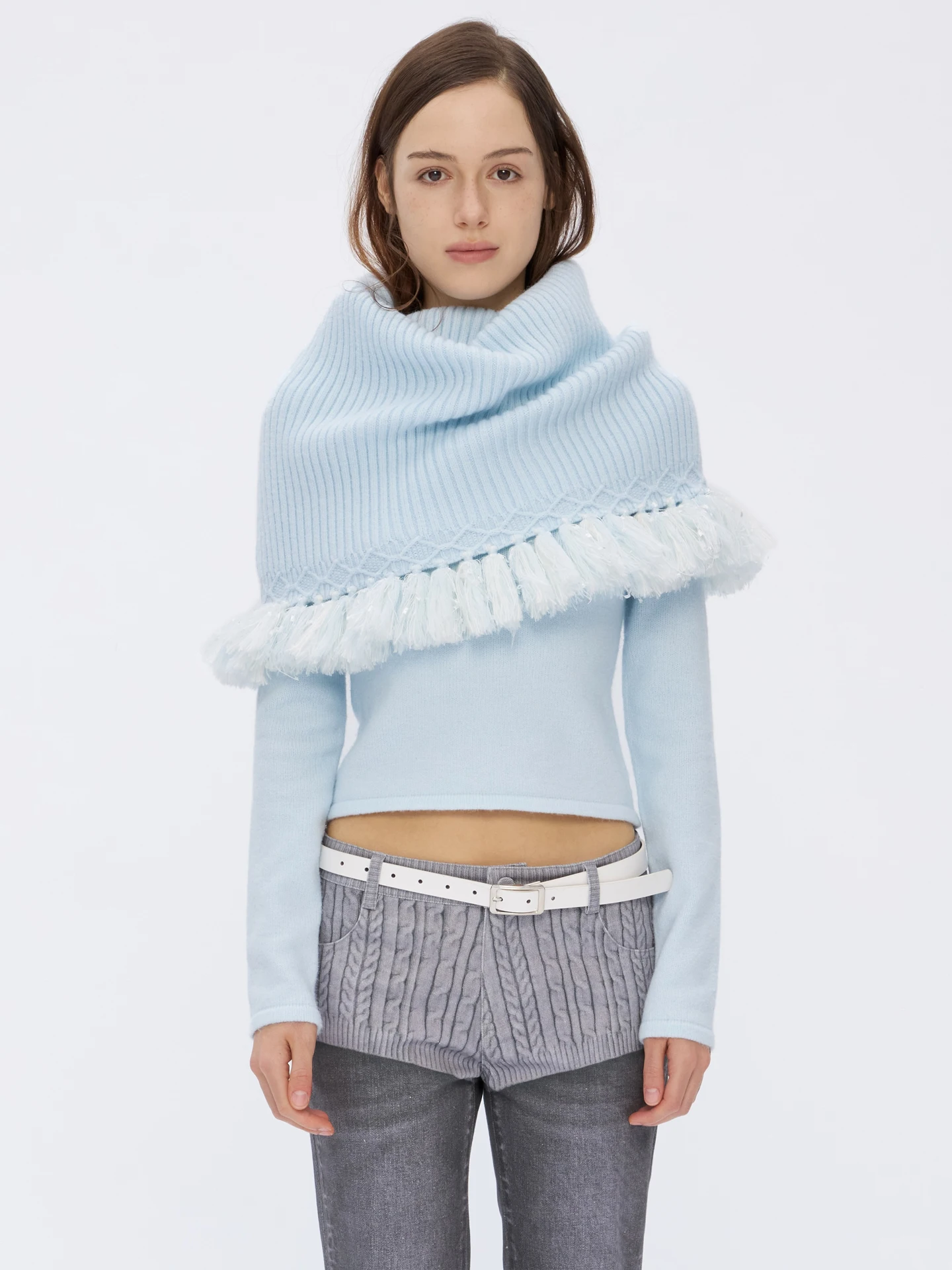 

Вязаное вручную пальто-накидка 9266Studio с воротником с бахромой и длинными рукавами, теплая зимняя накидка-кардиган для женщин