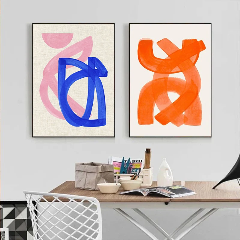 Modern Abstract Mid Century Watercolor Black Brush Strokes Poster Orange Canvas Print Painting Wall Art Picture Living Room