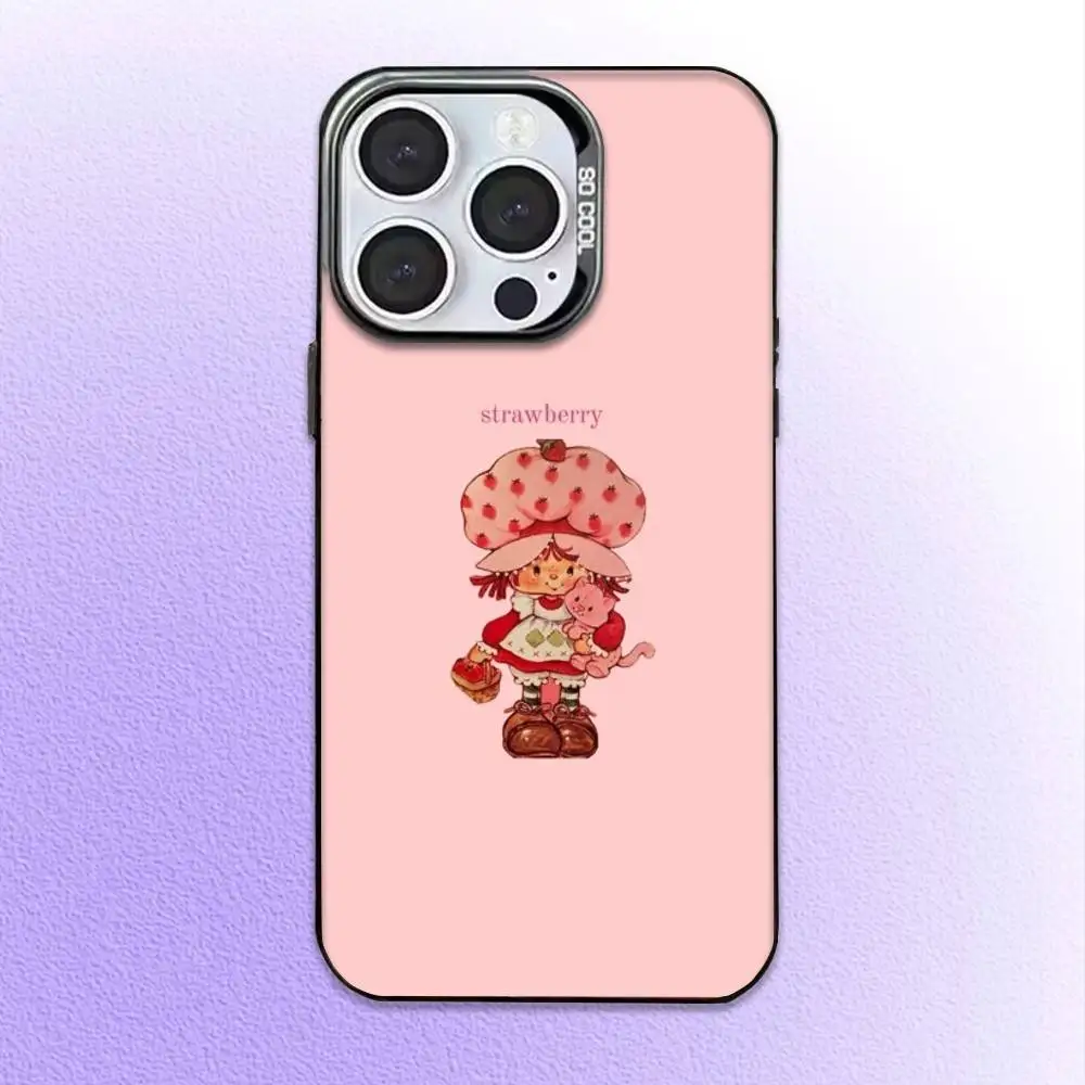 حافظة هاتف S-Strawberry Cute Shortcak لهاتف iPhone17,16,15,14,13,12,11 Plus، Pro Max غطاء مقاوم للصدمات من الحلوى السوداء غير اللامعة