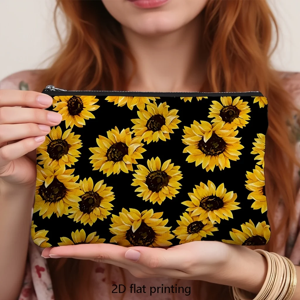 1Pc Sunflower Retro Design Multifunctional Travel Makeup Bag, Snack Storage Bag, Stationery Storage Bag, Fashionable Toiletry Bag, Canvas Double-Sided Printed Zipper Pouch