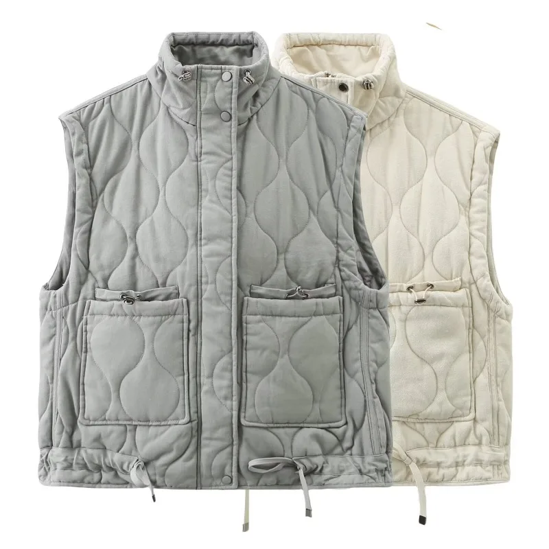 White Stand Collar Quilted Vest Zipper Loose Sleeveless Casual Short Jacket Single Breasted Fashionable Stylish Ladies Overcoats