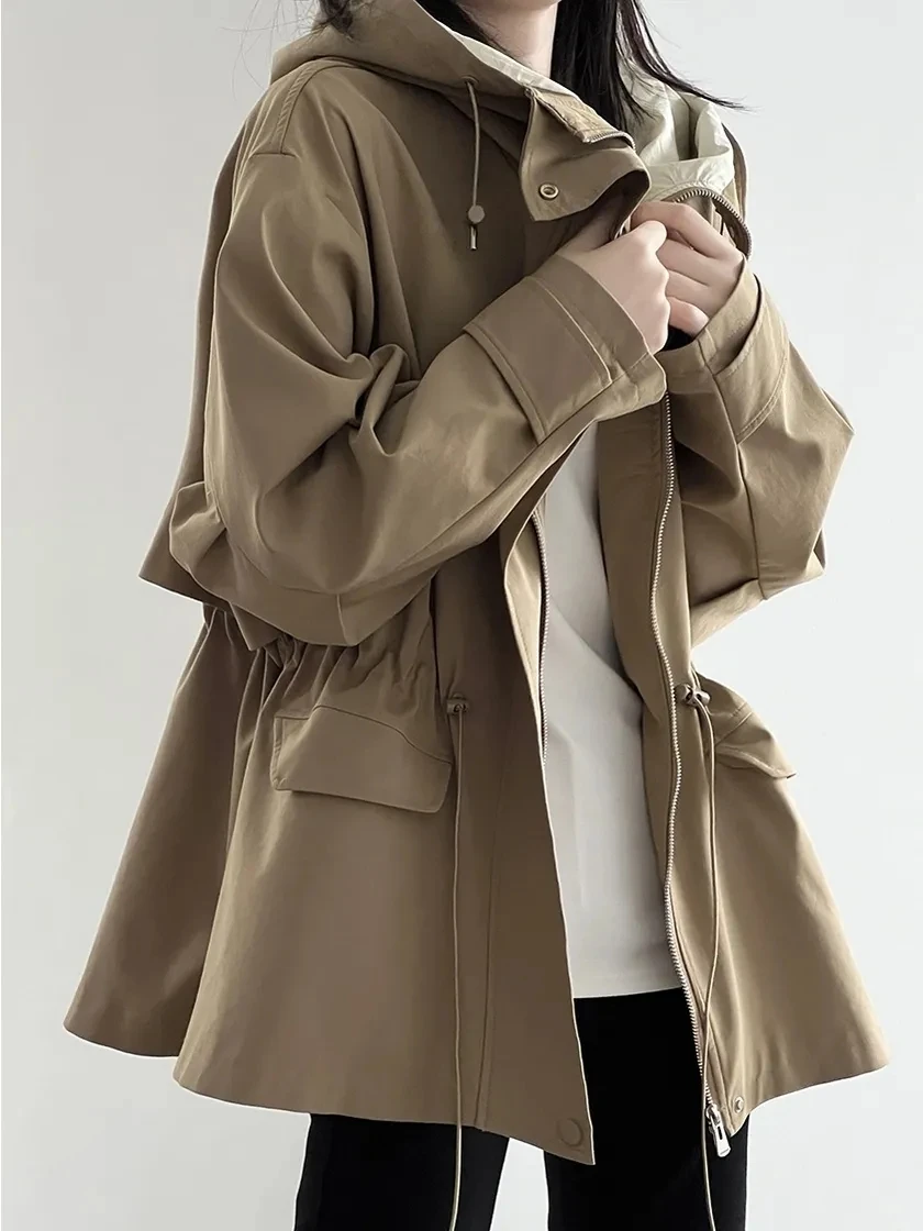 

Women's Jacket Khaki Hooded Trench Coat Women's Autumn And Winter New Short Coat Retro Casual Loose Top Outerwear