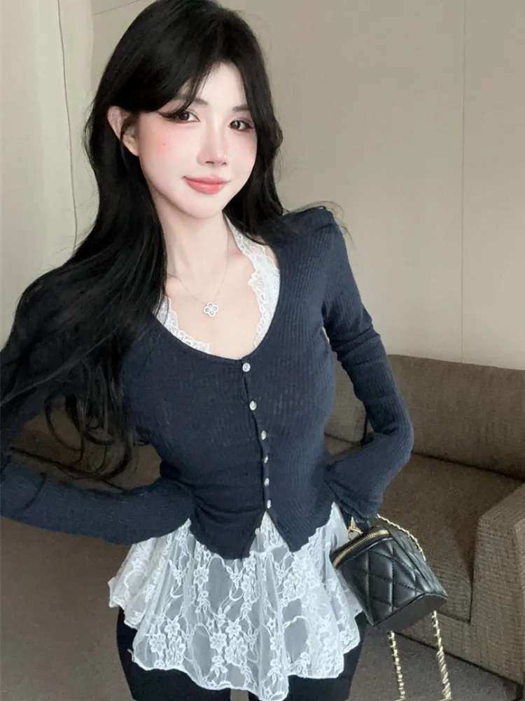 

Sexy Lace Neck Hanging Vest Long Sleeve Knitted Open Cardigan Spicy Girl Two-Piece Set Women Early Autumn New Design Single B...