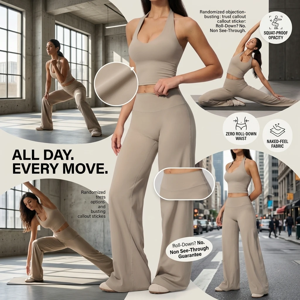 Yoga Halter Crop Tank + Wide Leg Pants Set, High Waist, Squat Proof