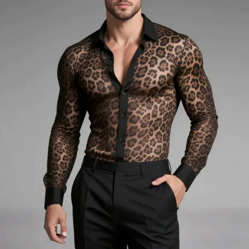 Men's Breathable Long Sleeve Perspective Fashion Print Party Sexy Mesh Shirt