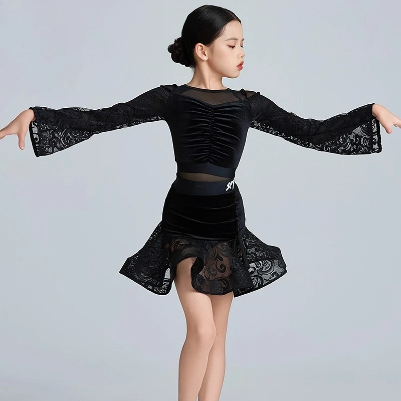 Nuevos trajes de baile latino rumbaCha-cha y samba, trajes de actuación profesionales de manga larga para niñas y niños, danza social