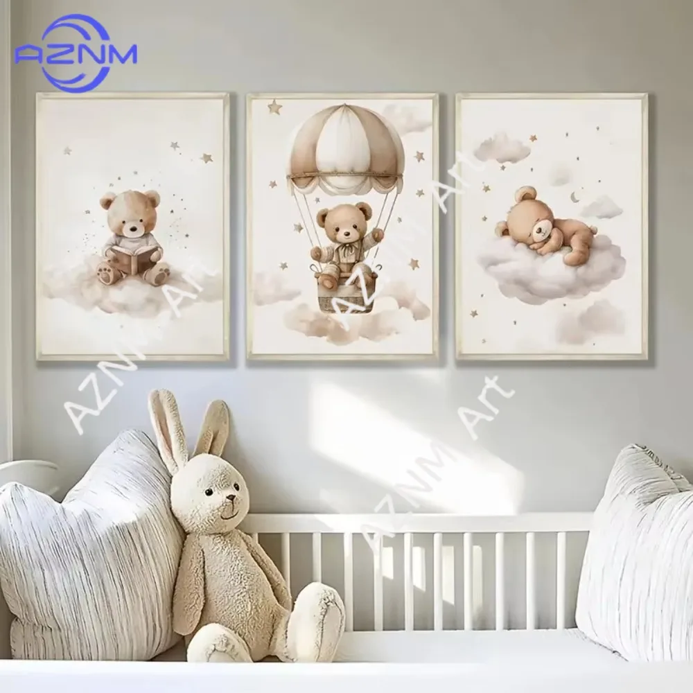 

1Pc/3Pcs Bohemian Style Teddy Bear Animal Nursery Canvas Poster Stars Cloud Bears Wall Art Prints Modern Living Room Home Decor