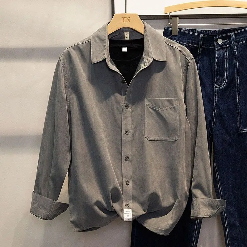 Streetwear Long Sleeve Shirt Men's Loose Solid Casual Versatile Blouse Trendy Top