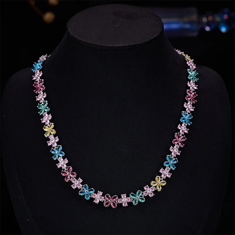 

Elegant Flower Pattern Earrings Colorful Zircon Necklace Combo Fashion Women Jewelry Set Versatile Accessories for All Occasions