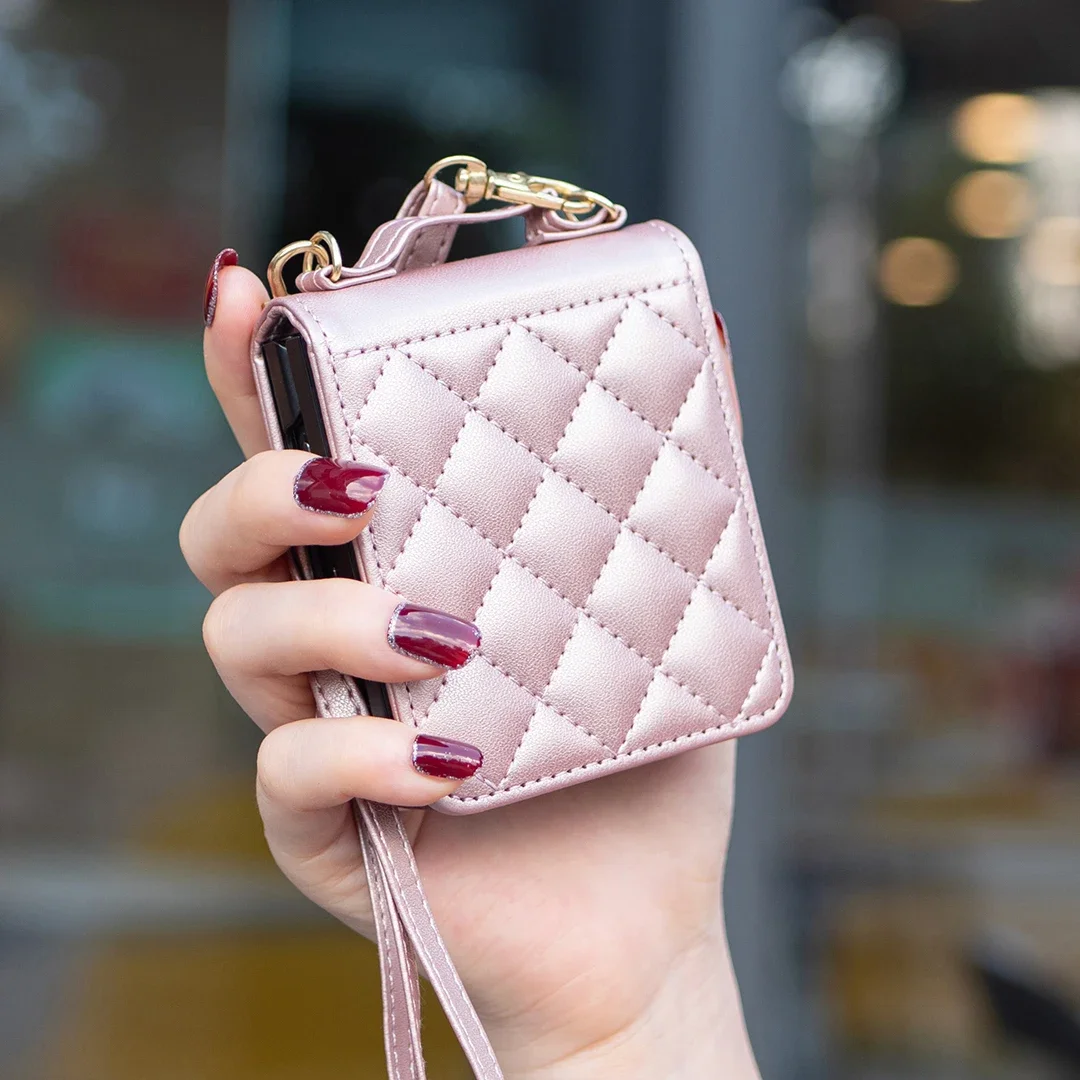 Luxury Crossbody Diamond Leather Case For Samsung Galaxy Z Flip 7 FE 6 5 4 3 5G Flip6 Shoulder Strap Slim Plain Folding Cover
