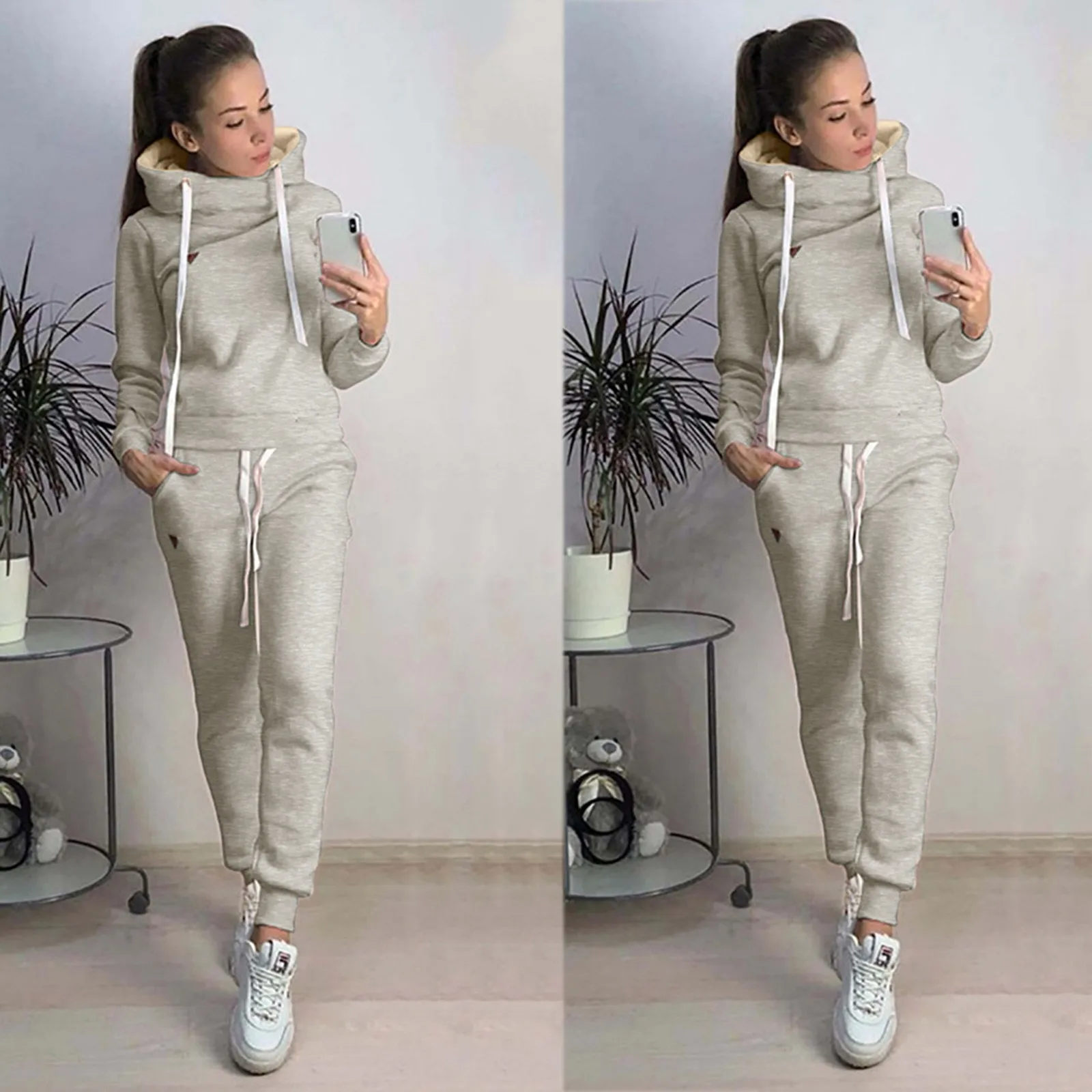 Autumn Winter 2 Piece Set Tracksuit Women Sportwear Fleece Hoodies Pullover Sweatshirts Baggy Trousers Jogger Pants Warm Outfits