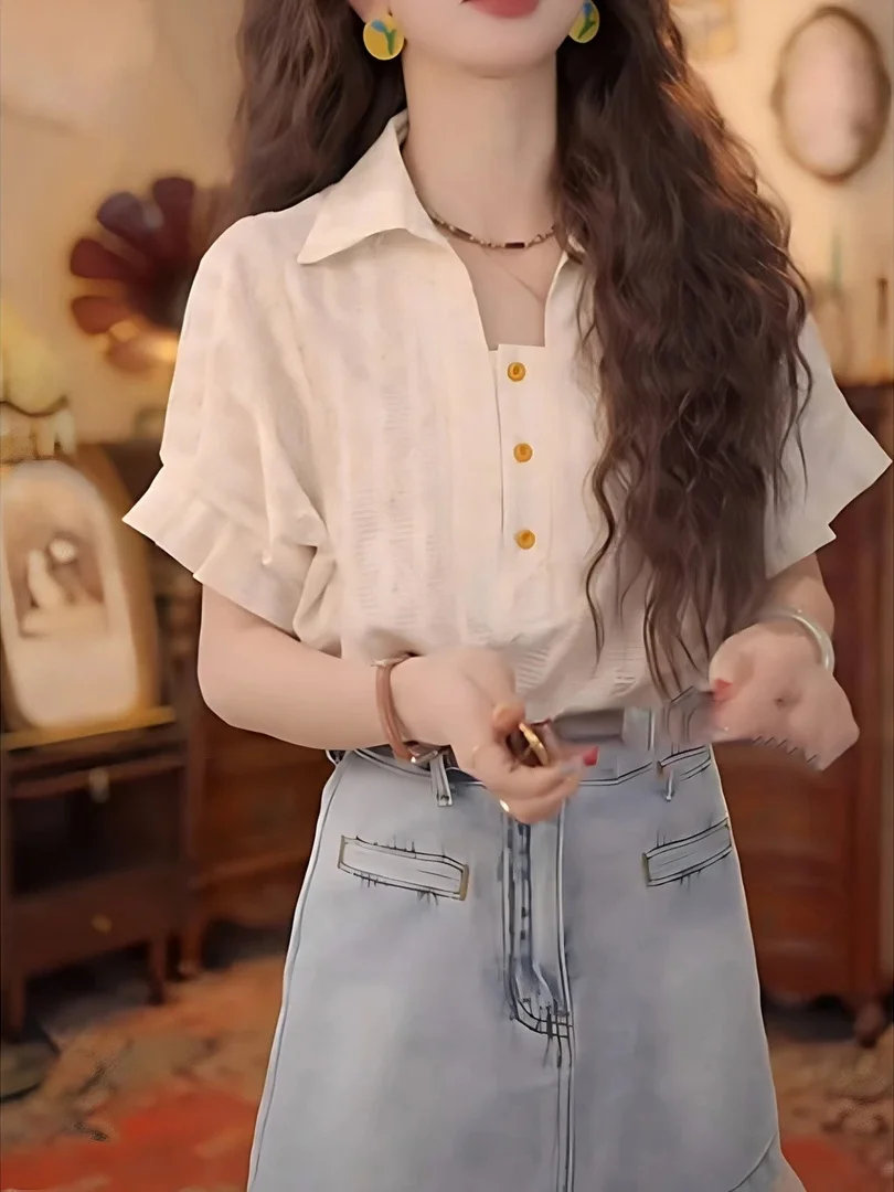 

Loose Women's Summer Shirt Short Sleeve Collar Cover up Slimming plus Size Korean Style Casual Color Fashion Top
