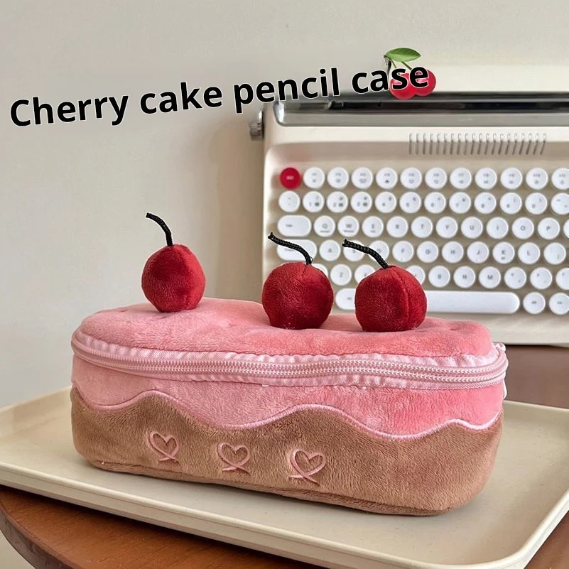 1 piece Cute Plush Cherry Cake Pencil Case   Large Capacity Stationery Bag Student Stationery Bag Storage Bag image 2