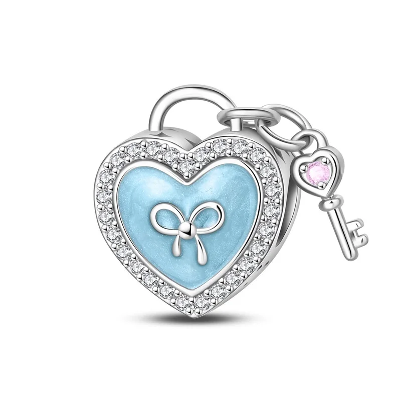 925 Sterling Silver Blue Romantic Heart Lock Sparkling Zircon Charms Bead Fit Original Bracelet DIY Women Birthday Jewelry Gifts