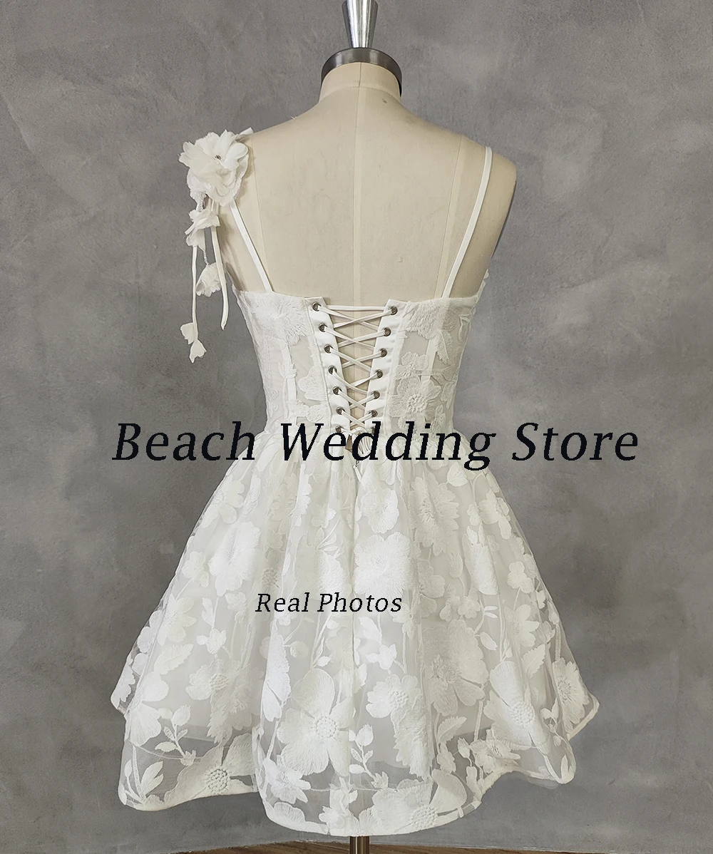 Praia personalizado curto querida vestidos de casamento para mulheres rendas apliques cintas de espaguete uma linha acima do joelho simples vestido de noiva