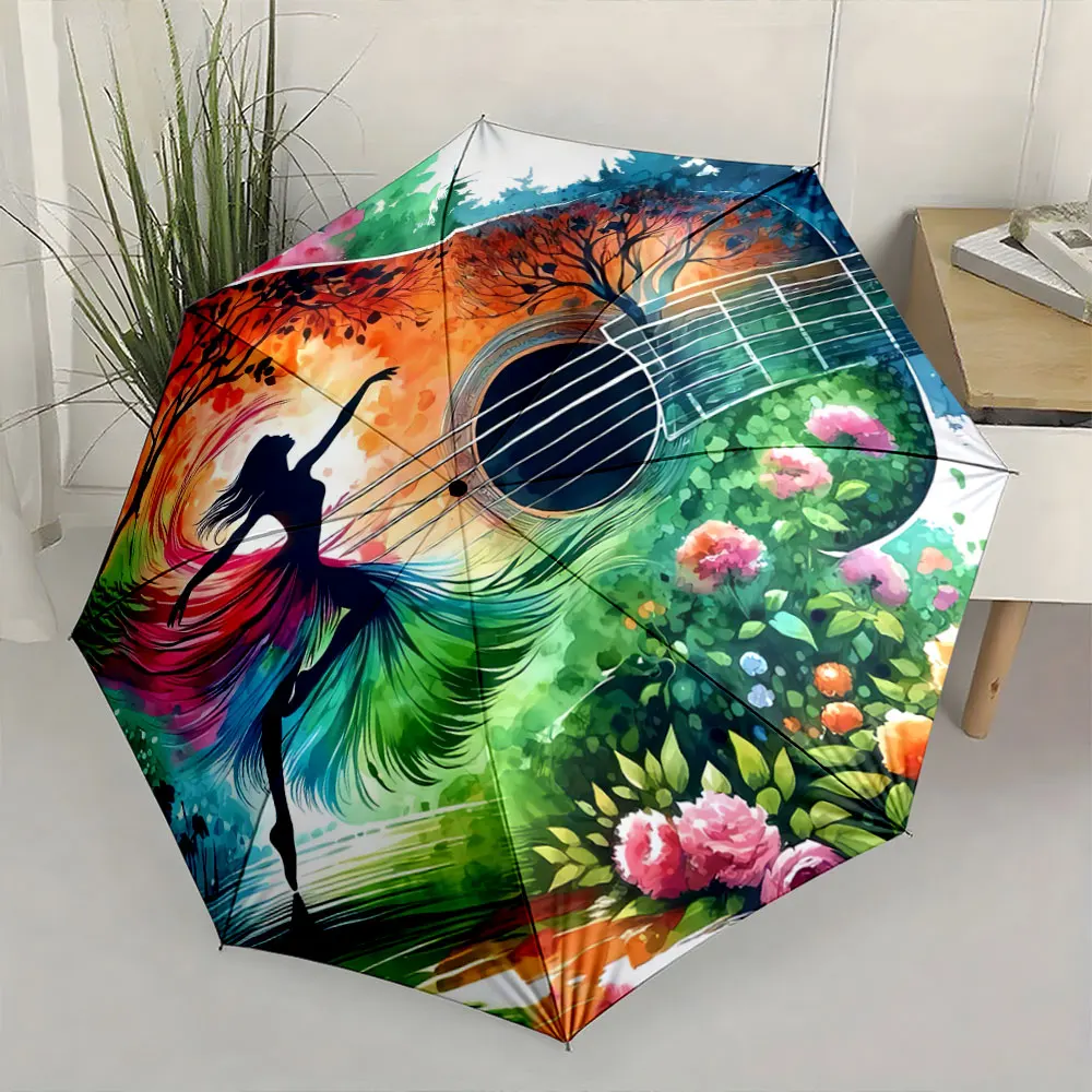 Colorful Dancing Silhouette with Floral Guitar Design Compact Fashion Folding Umbrella for Daily Use, Christmas Gift