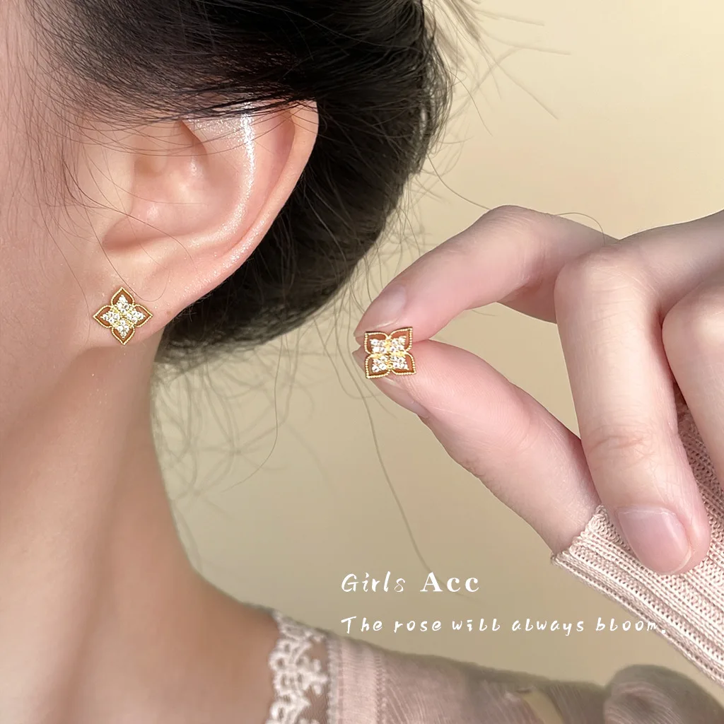Fashion French Luxury Hollow Flower Earrings with Micro Inlaid Zirconia Elegant Monogram Studs