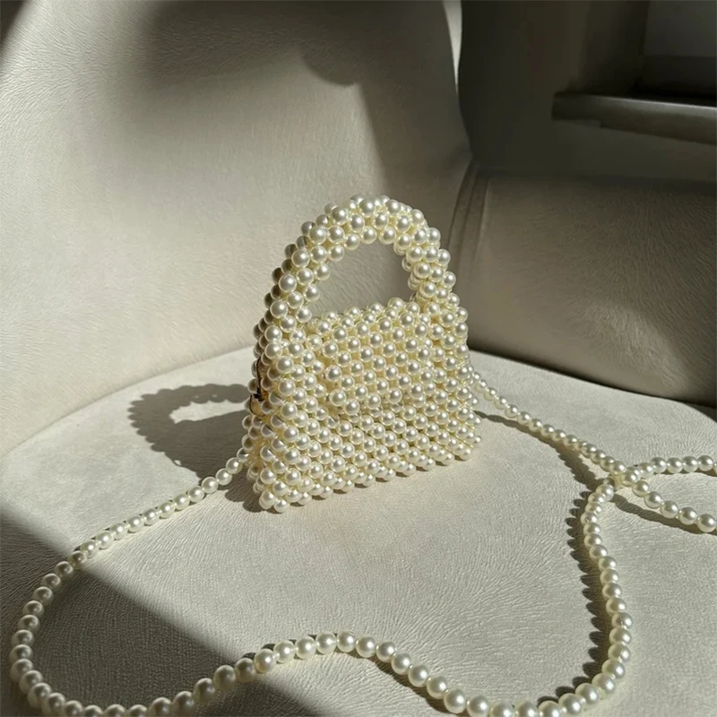 2 Size Elegant Fashion Shoulder Bag Handbags for Women Work Commuter Long Shoulder Strap Handmade Beaded White Pearl