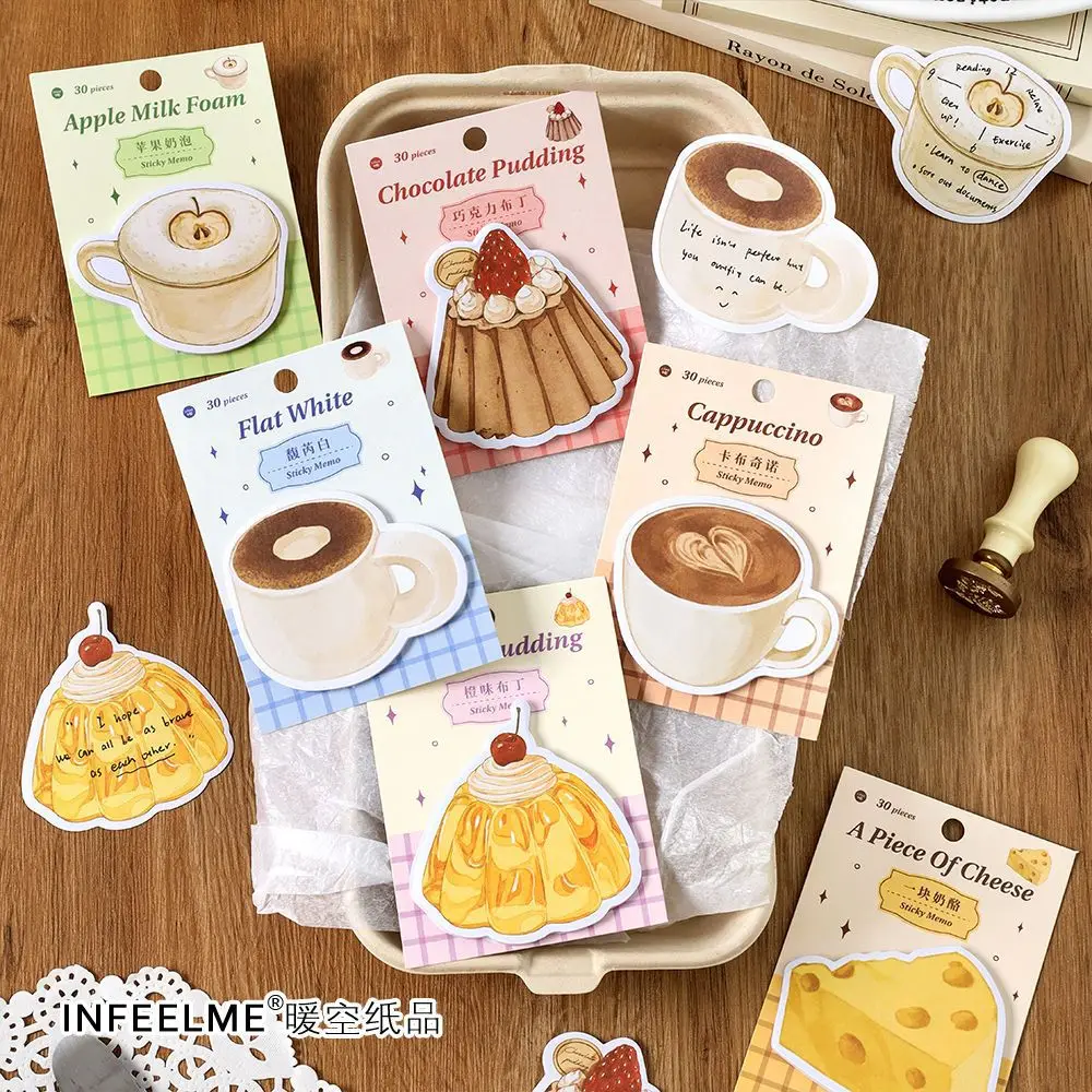 30 Pcs Sticky Notes Cute Kawaii Novelty Pudding Coffee Themed Notepad Memo Note Sticky Notepad for Shcool Office Home Use