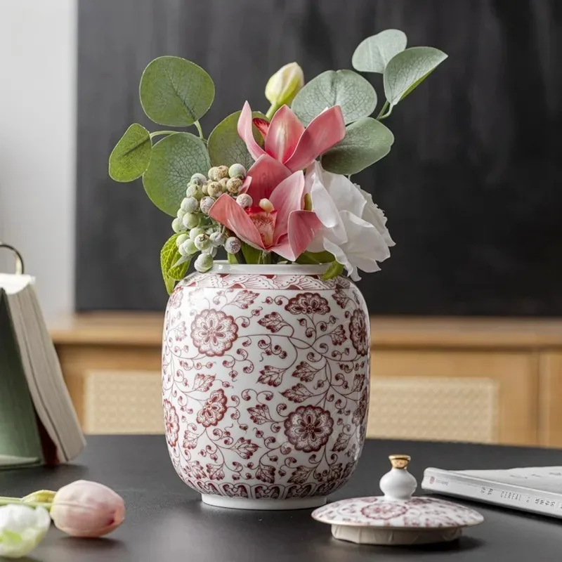 Chinese Porcelain Vase Vintage Rosette Treasure Flower Pattern Ceramic Vases Thick Flat Base Anti-slip Anti-tipping Home Decor