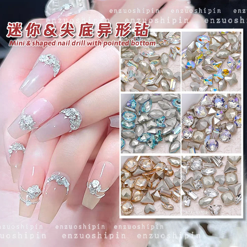 100pcs Nail enhancement mini pointed bottom Mixed Shape diamond jewelry crystal glass rectangular butterfly heart nail Crystal