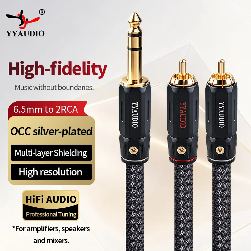 YYAUDIO 6.5mm to 2RCA HiFi Audio Cable OCC Silver Plated 1/4 Inch 6.35 Jack to Dual RCA Male Plug Multi Shielding for Amplifier