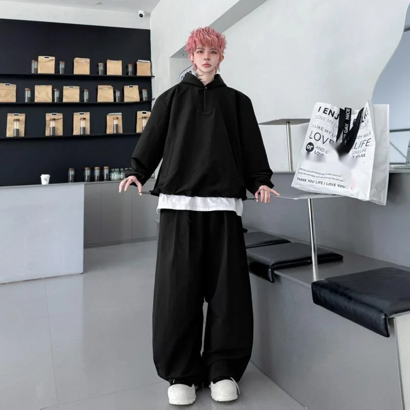 WVGA 2026 Spring New Men Solid Color Hooded Structure Trendy Long Sleeve Sweatshirt Niche Chic Casual Pants Two-Piece Set W18877