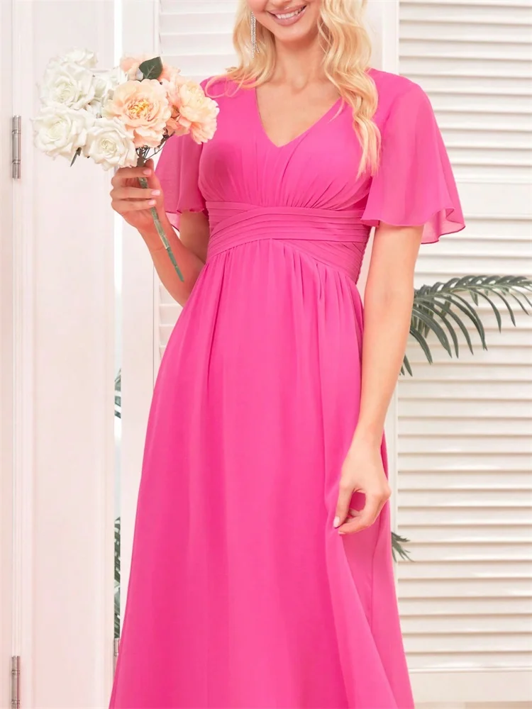 Luxury Chiffon Long Sleeve Navy Evening Dress 2025 Women Dress V-Back Formal Bridesmaid Wedding Party Graduation Gowns