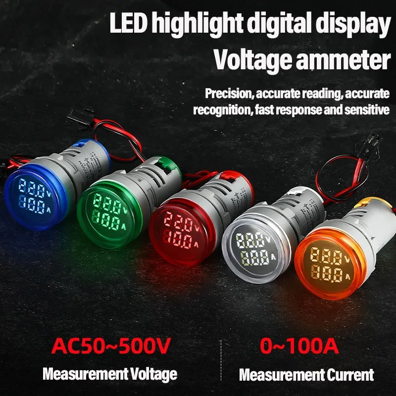 22mm Mini Round LED Measuring Ammeter Signal Light Voltmeter Dual Display Voltage AC 50-500V Current 0-100A Metering Indicator