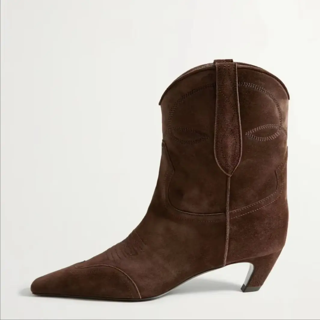Arden Furtado Genuine Leather Cowboy Boots National Style Embroidery Short Boots Square-Head Slip-On Middle Heel Modern Boots