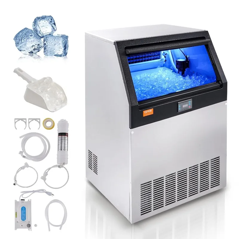 Máquina de hielo comercial VEVOR, 160 libras/24 horas, 80 cubitos de hielo en 12-15 minutos, con pantalla digital LED