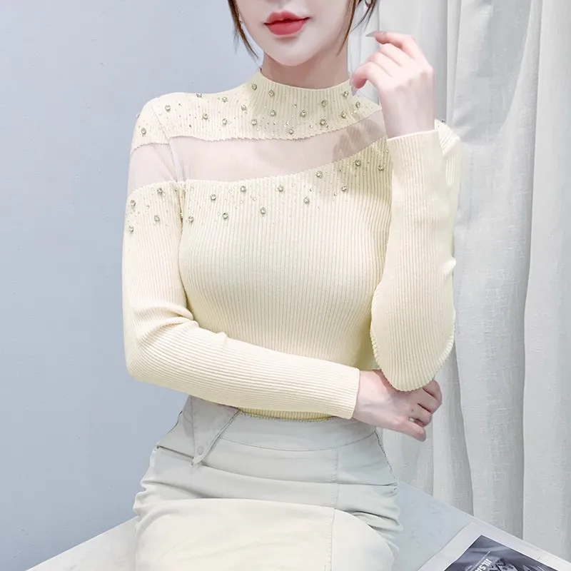 

New Sexy Hollow Out Splicing Hot Diamond Beaded Knitted Sweater Tops For Women Autumn Winter Long Sleeves Solid Pullover Sweater