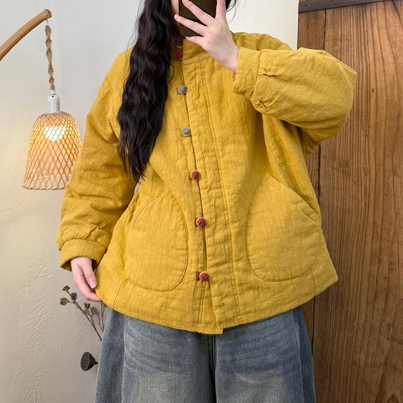 

2025 New Arrival Winter Women Single Breasted Long Sleeves Pocket Patchwork Parkas Cotton Casual Loose Warm Thickened Coats H154