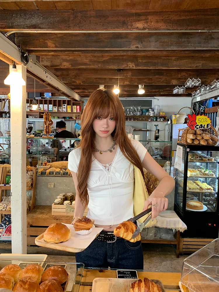 

Кружевная футболка Pure Desire с V-образным вырезом, женская летняя футболка для отпуска, облегающая, сладкая и пикантная, с короткими рукавами, в повседневном стиле, из смесового хлопка