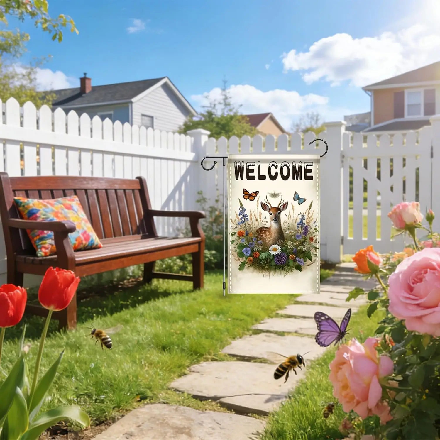 Nuxovilar Deer Flower Garden Flag 12x18 Polyester | Garden Flag, Deer Poster, Flower Sign, Yard Banner. Fits Yard, Patio, Ga xxl