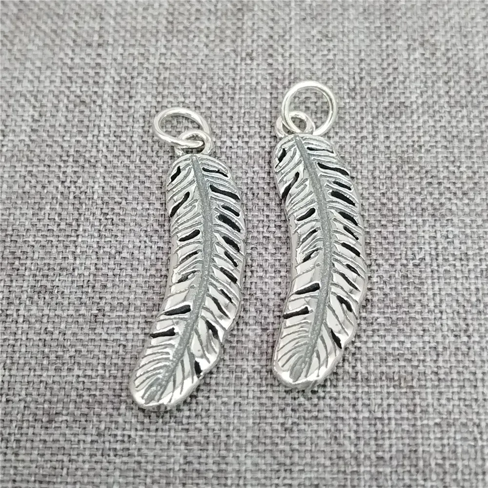 

2 Pieces of 925 Sterling Silver Oxidized Feather Charm Pendant 2-Sided for Bracelet Necklace
