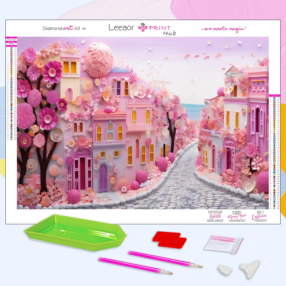 Pebble Landscape Diamond Painting Kits Pink City Rhinestone Cross Stitch Mosaic Cartoon Embroidery Wall Sticker Home Decor Gift