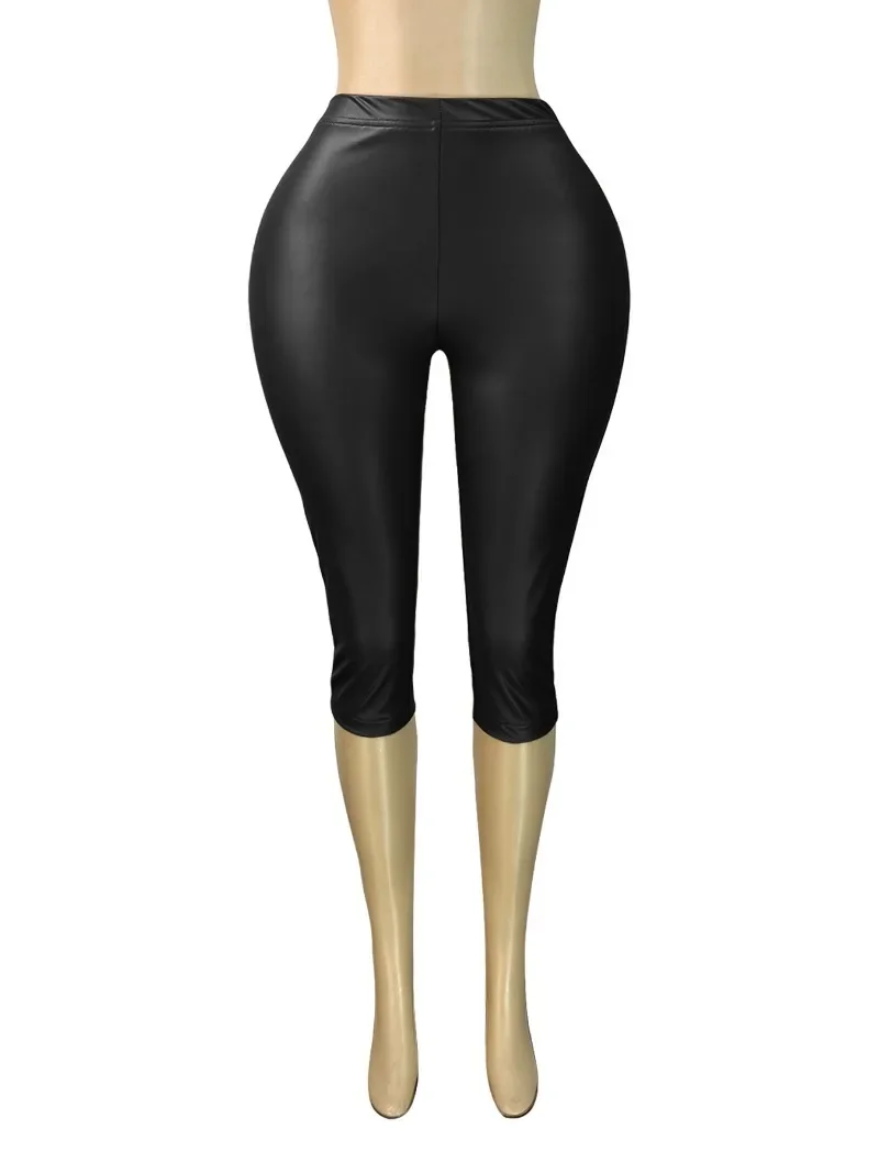 بسط بولي Leather الجلود ضيق العجل طول السراويل موضة مرونة عالية الخصر الغنيمة رفع نحيل طماق النساء الصلبة بناطيل كاجوال #4