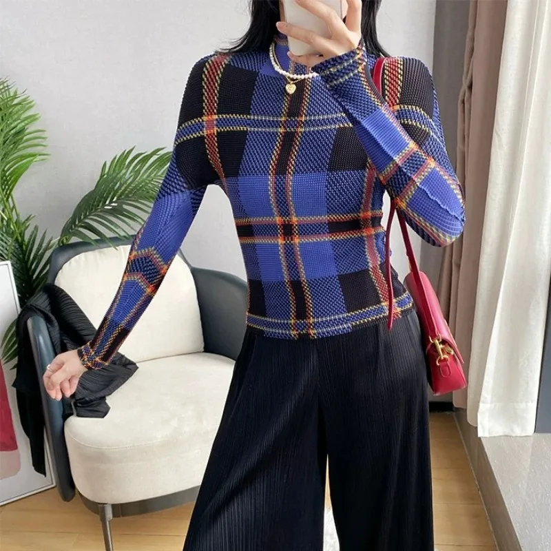  Pleated Plaid Long Sleeve T-Shirt Half High Collar Autumn New Slim Fit Base Shirt Top Women's Stretch Fashion Clothing