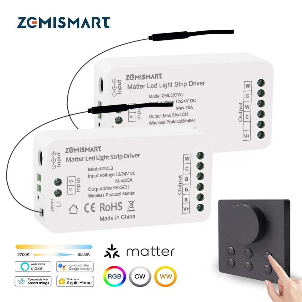 Zemismart Matter WiFi LED Light Strip Driver with Wireless Knob Switch Support Homekit Smartthings Alexa Google Home App Control