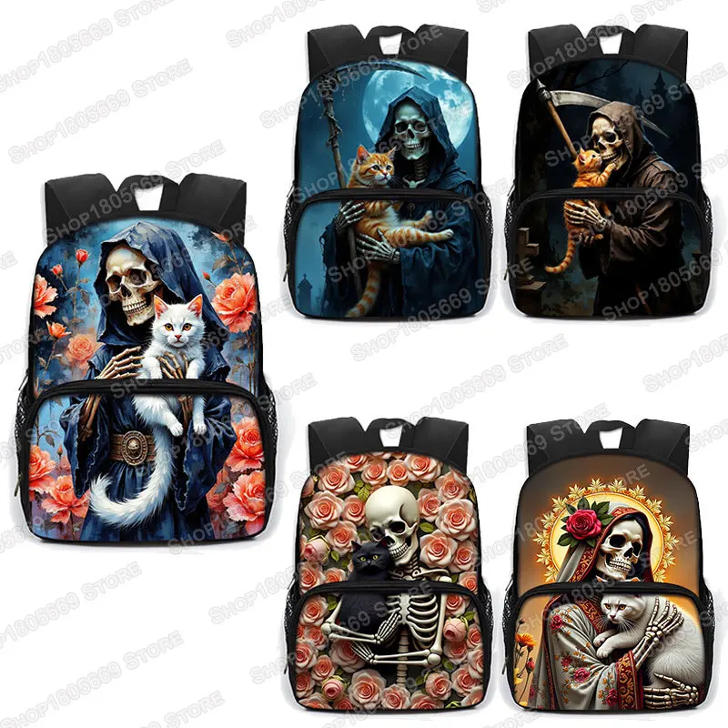

Cool Grim Reaper and Kawaii Cat Print Backpack for Teenagers Skeleton Skull Children Daypack Kindergarten Bags Student Book Bag